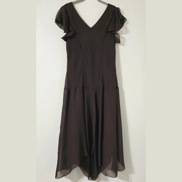 EN FOCUS Chocolate Brown Chiffon Y2k Midi Dress, Handkerchief Hem, Lined, 14 - Picture 7 of 14